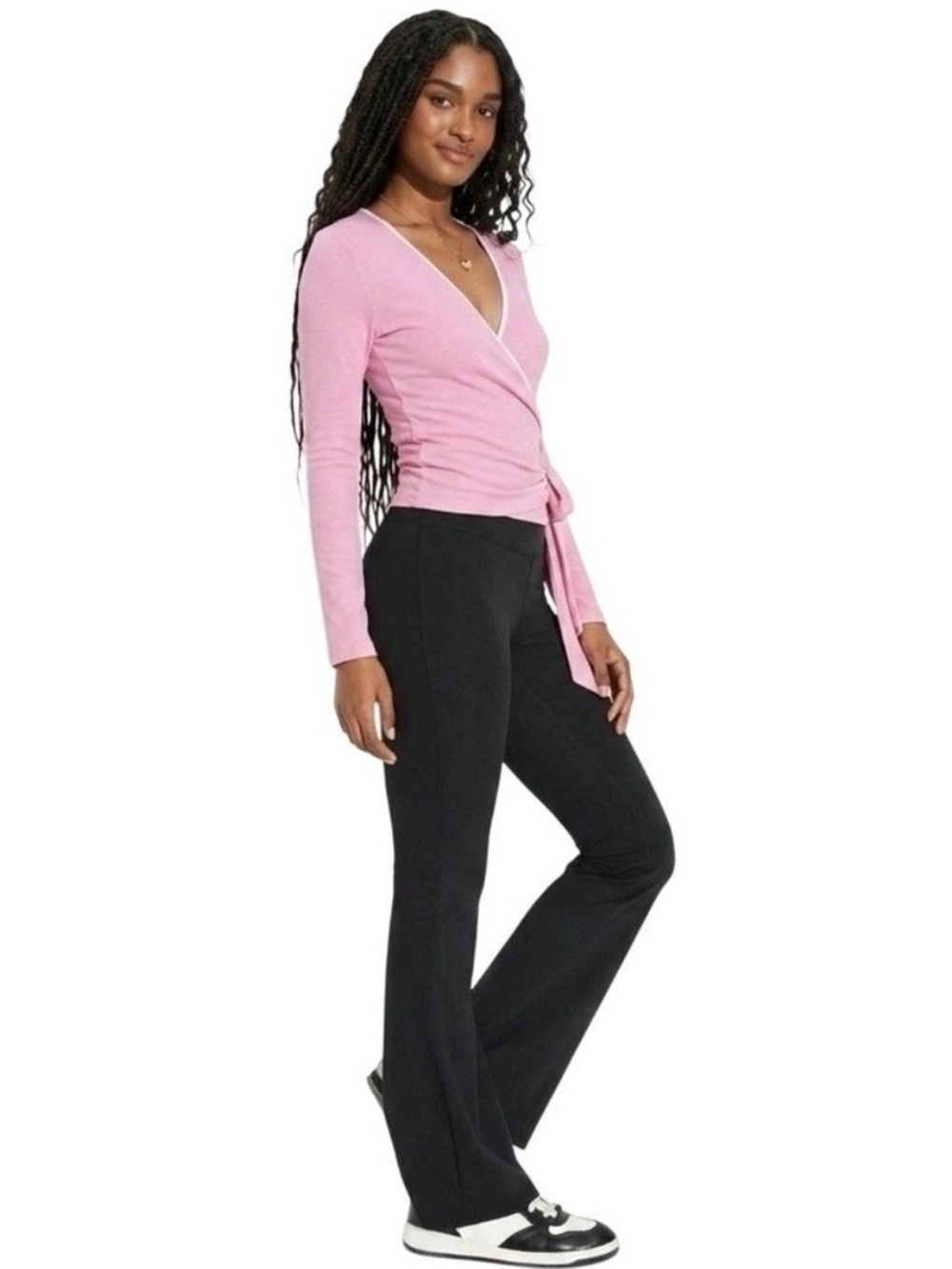 Coquette Balletcore Set Black High Waist Flare Leggings & Baby Pink Wrap Top XS